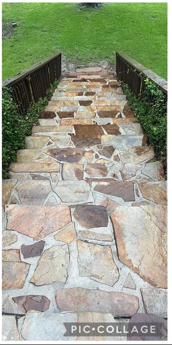 After: Stone stairway pressure washed
