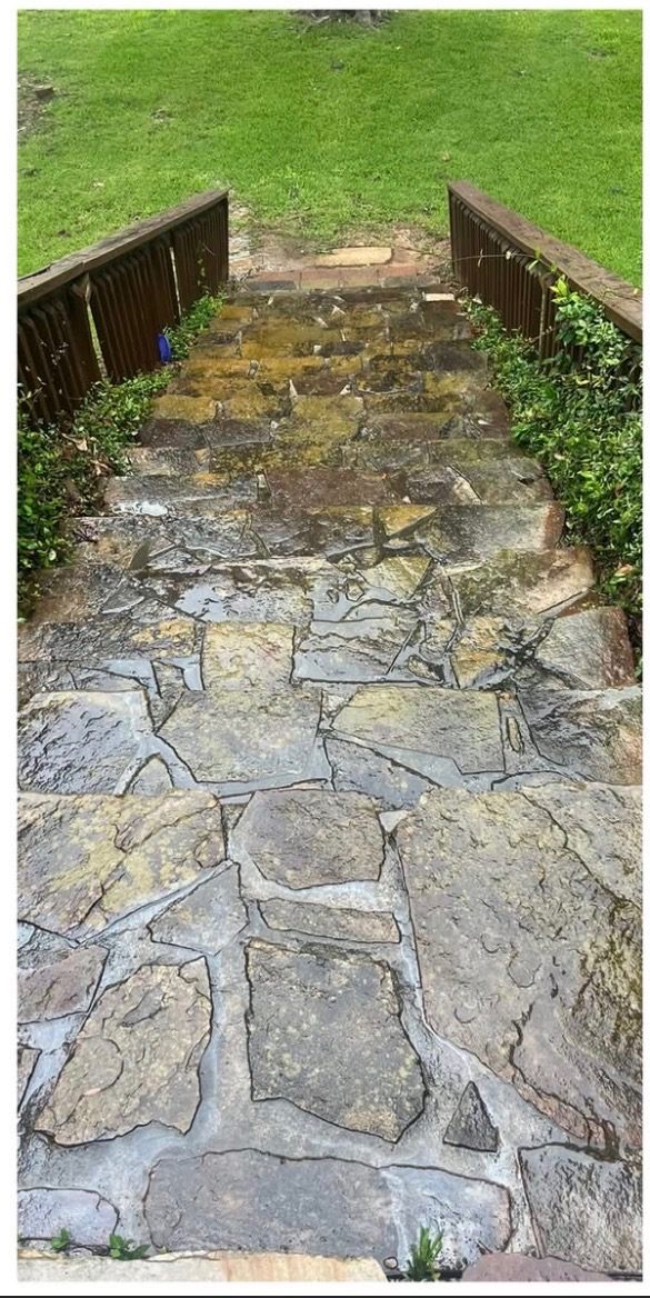 Before: Stone stairway pressure washed